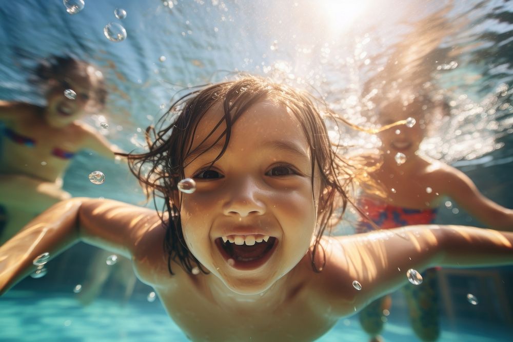 Vietnamese kids summer swimming laughing. AI generated Image by rawpixel.