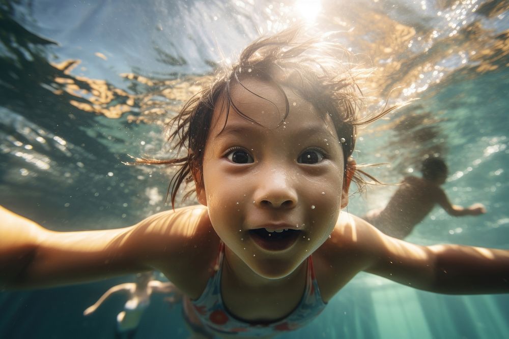 Vietnamese kids swimming portrait outdoors. AI generated Image by rawpixel.