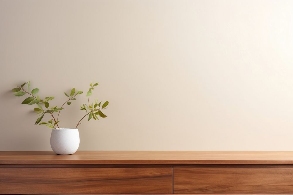 Wooden console with a plant on top of it leaf wall architecture. AI generated Image by rawpixel.