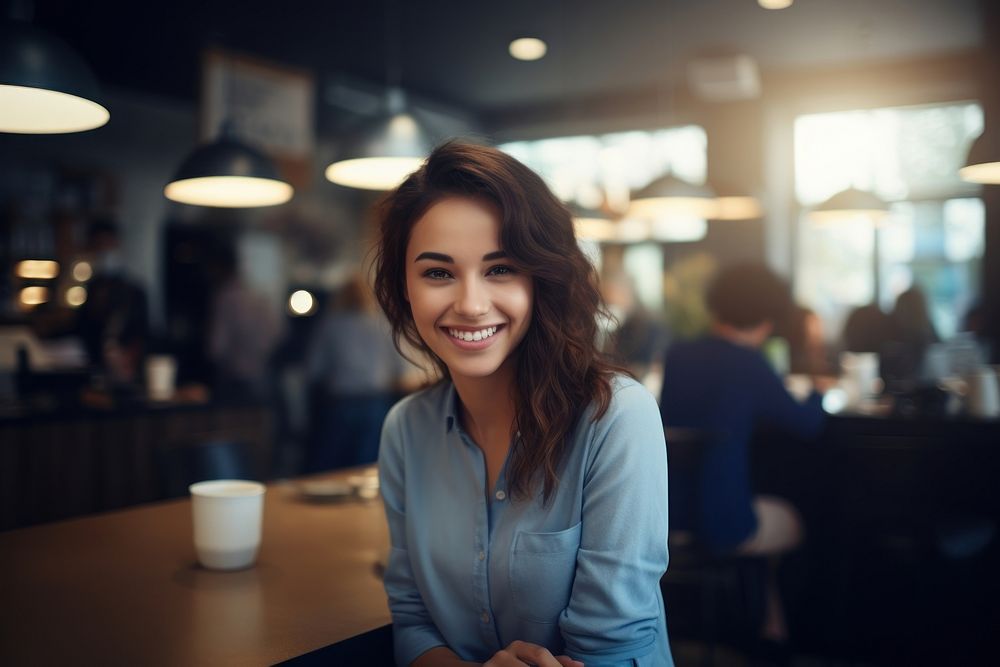 Woman smiling at the counter restaurant portrait coffee. AI generated Image by rawpixel.