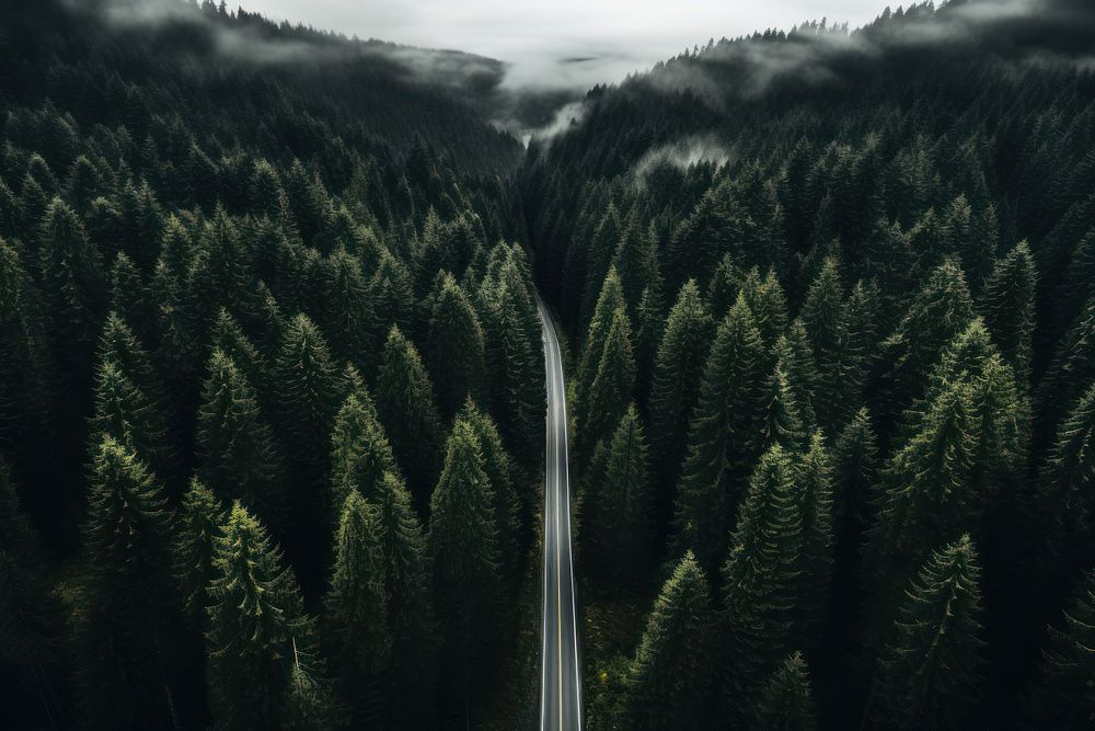 Aerial drone view of a road forest outdoors woodland. AI generated Image by rawpixel.