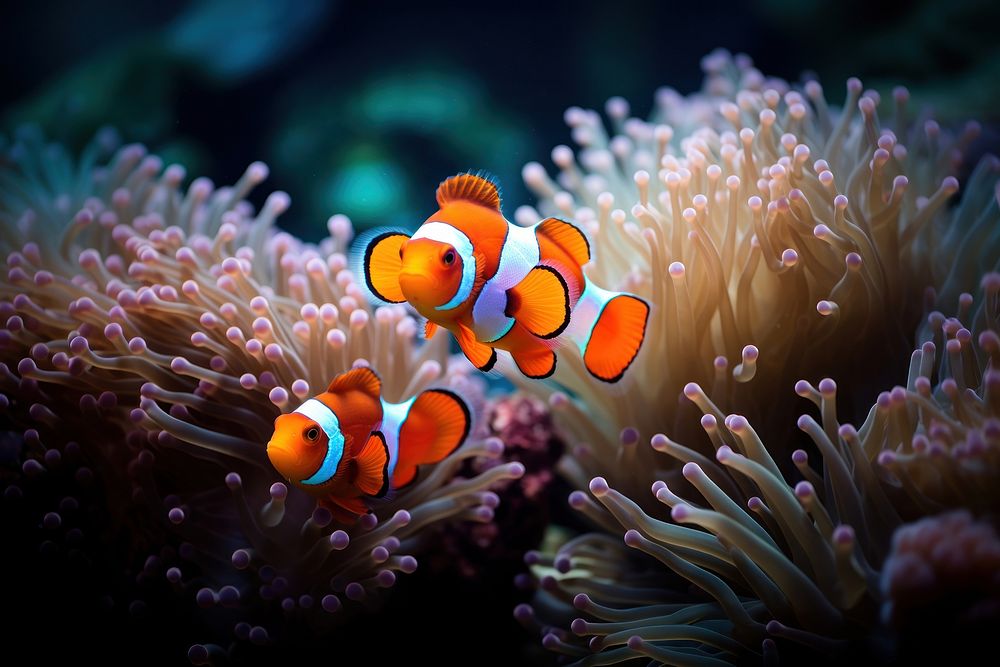 Clownfish swimming nearby sea anemone outdoors animal nature. AI generated Image by rawpixel.