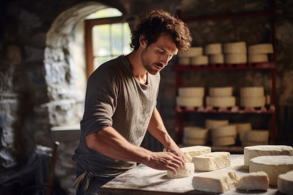 Working in cheese process adult man concentration. 