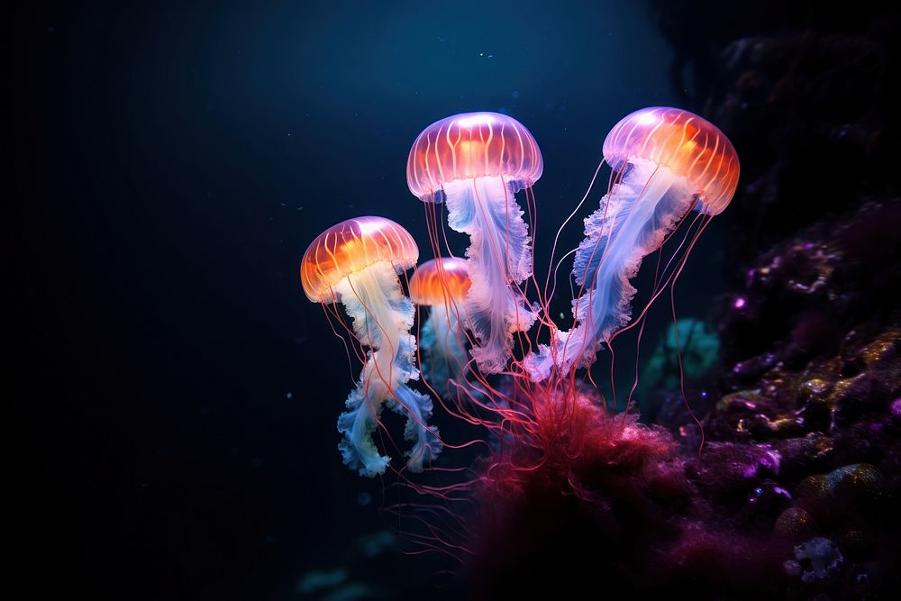 Glowing jelly fish in dark sea jellyfish outdoors animal. AI generated Image by rawpixel.