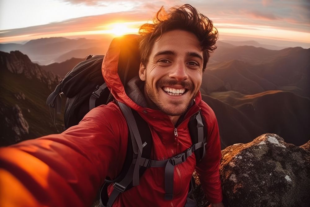 Happy youngman with backpack adventure mountain portrait. AI generated Image by rawpixel.