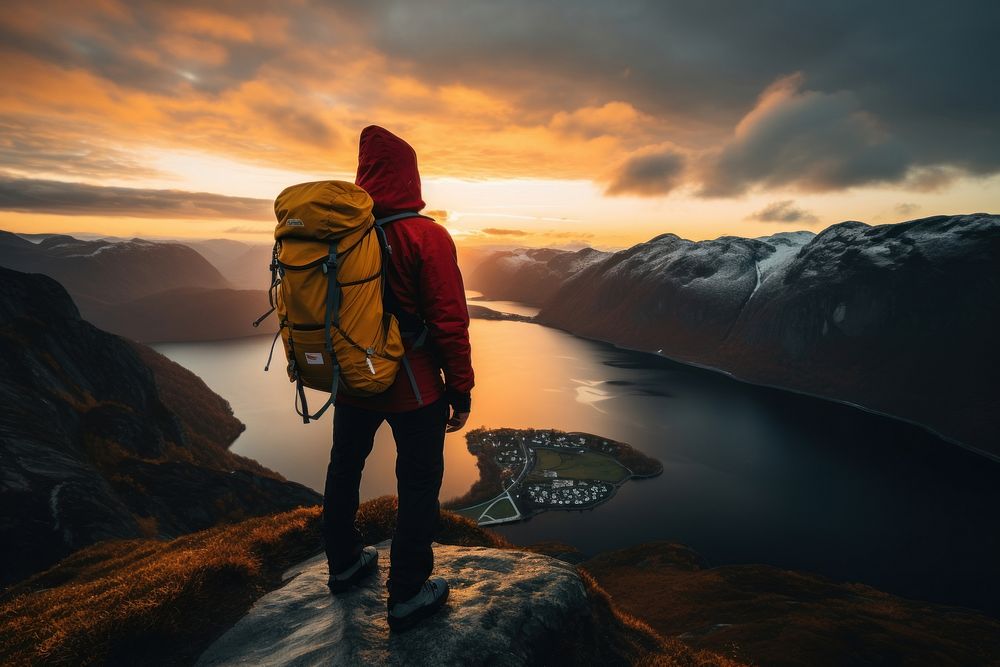 Happy youngman with backpack mountain travel adult. AI generated Image by rawpixel.