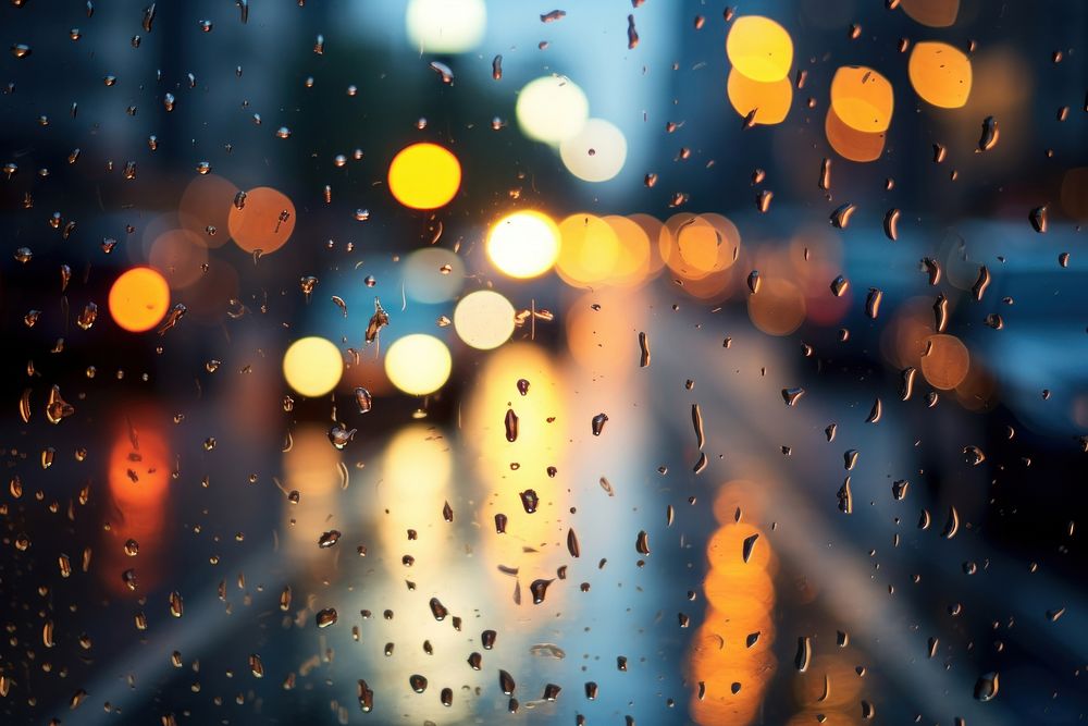 Raindrop on window againts a blurry traffic jam light lighting outdoors. AI generated Image by rawpixel.