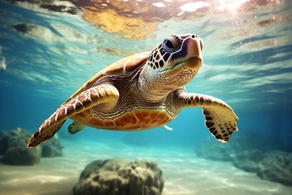 Sea turtle underwater outdoors swimming. AI generated Image by rawpixel.