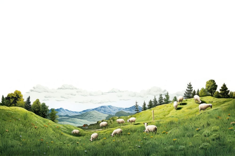 Sheaps on the hills countryside landscape grassland livestock. AI generated Image by rawpixel.