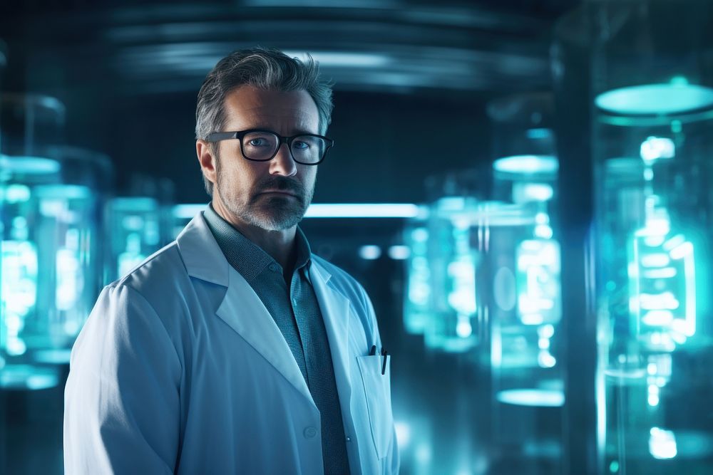 Doctor standing in futuristic hospital technology scientist portrait. AI generated Image by rawpixel.