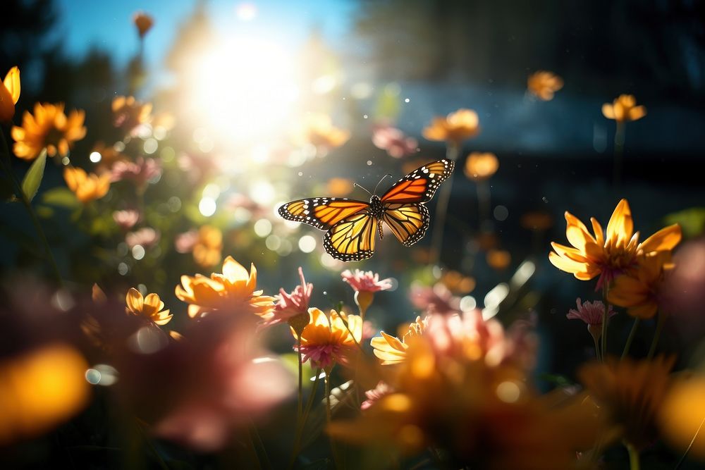 Butterflies fly nearby flower butterfly sunlight outdoors. AI generated Image by rawpixel.