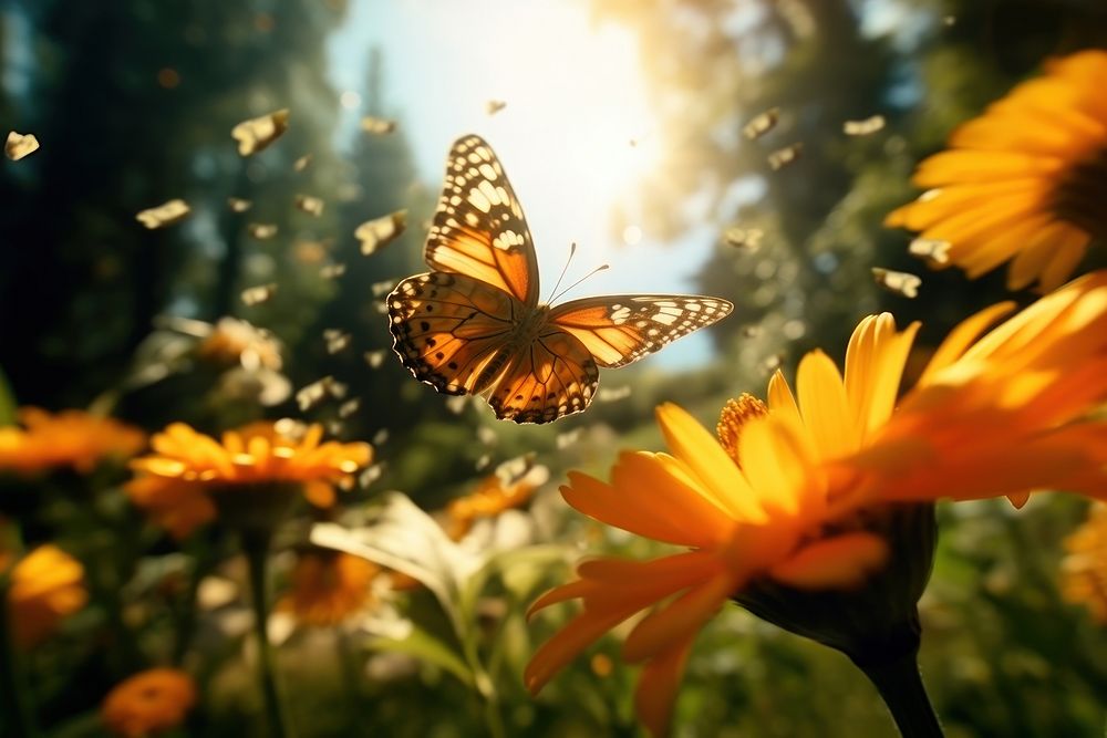 Butterflies fly nearby flower butterfly outdoors nature. AI generated Image by rawpixel.