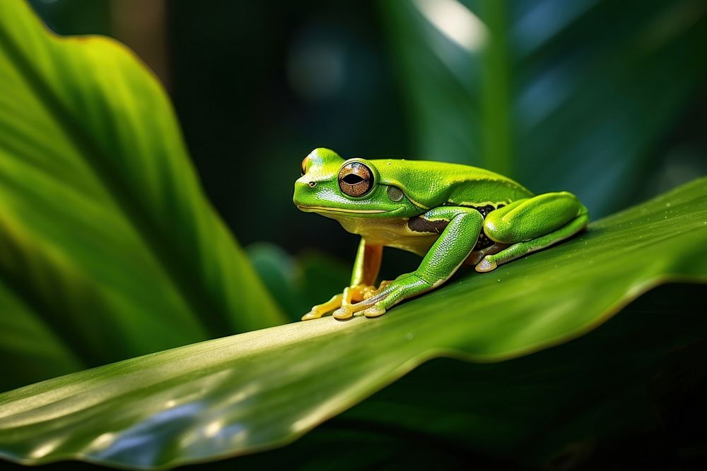 Frog on leaf amphibian wildlife reptile. AI generated Image by rawpixel.