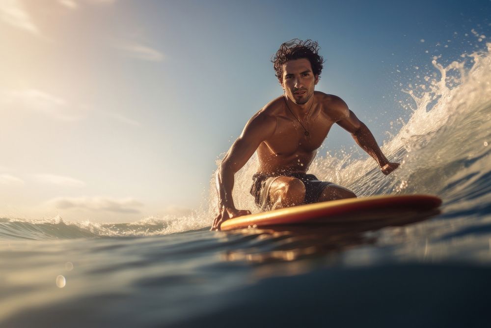 Latino man playing surfboard sea recreation outdoors. AI generated Image by rawpixel.
