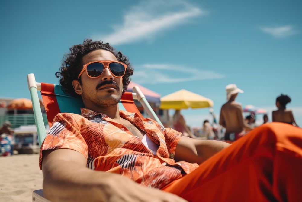 Male latino in summer vacation sunbathing sunglasses beach. AI generated Image by rawpixel.