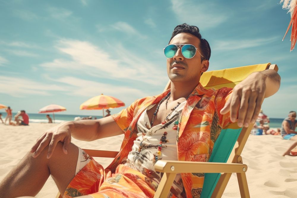 Male latino in summer vacation sunbathing sunglasses beach. AI generated Image by rawpixel.