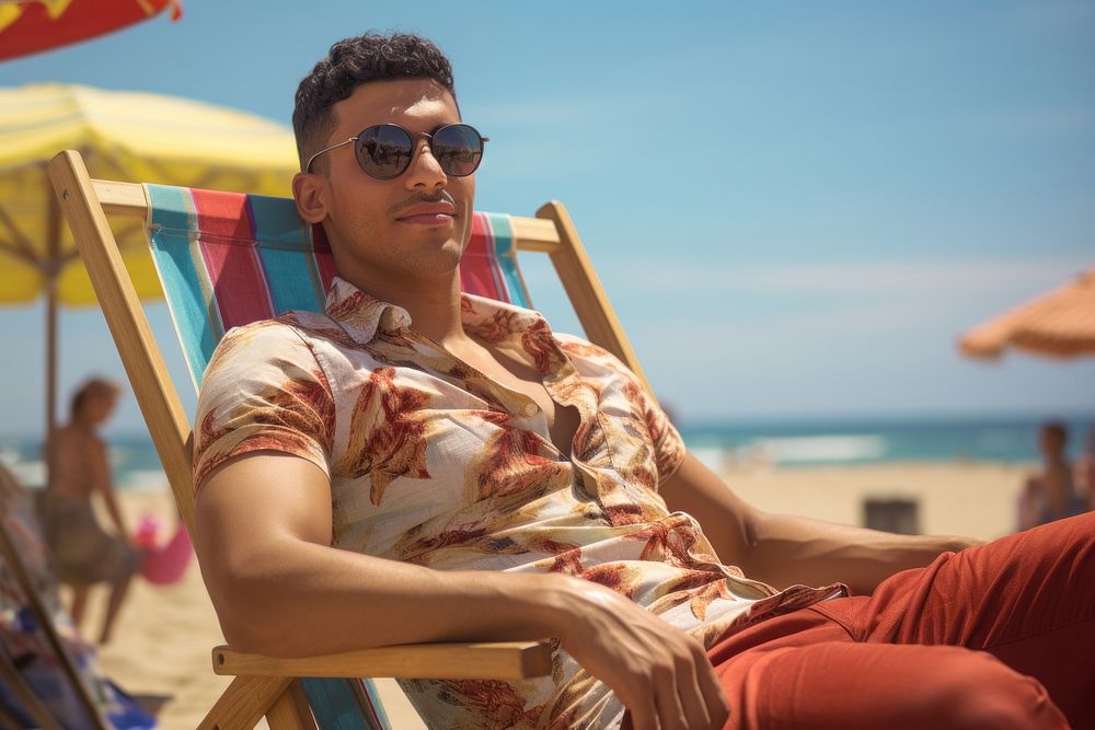Male latino in summer vacation sunbathing beach relaxation. AI generated Image by rawpixel.