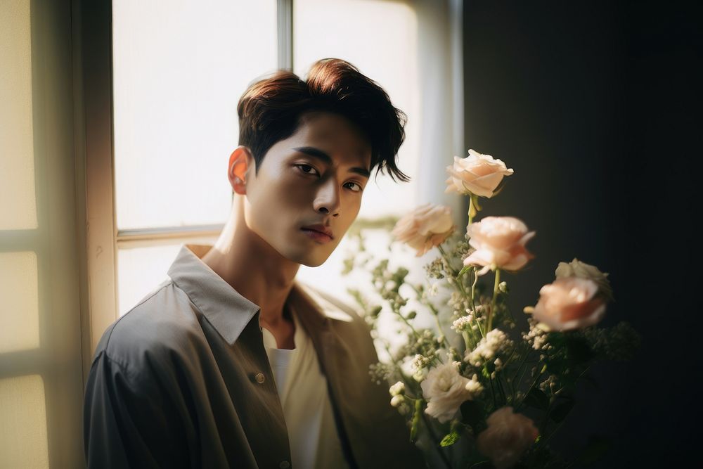 Handsome korea man photography portrait flower. AI generated Image by rawpixel.