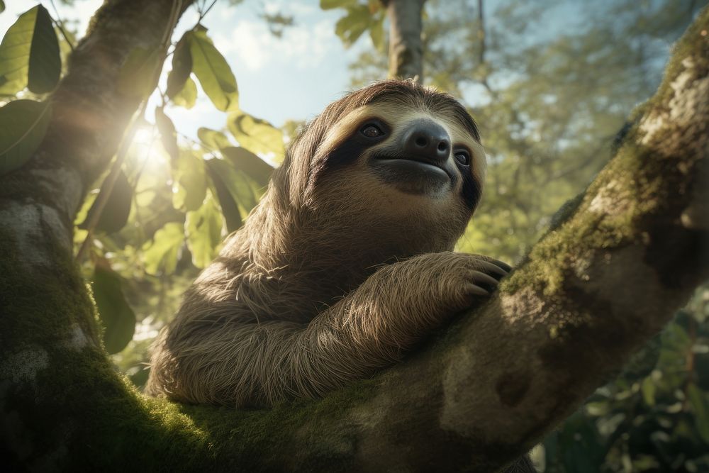 Sloth climging a tree wildlife animal mammal. AI generated Image by rawpixel.