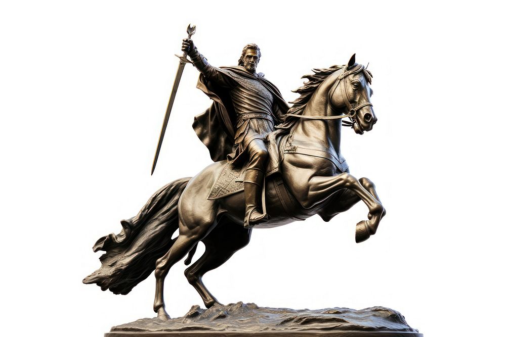 King holding sword riding horse bronze sculpture monument. AI generated Image by rawpixel.