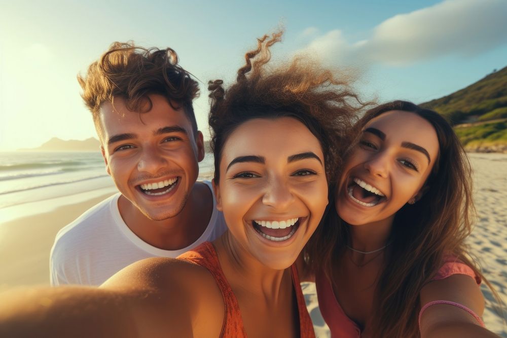 Hispanic teenage friends selfie laughing summer. AI generated Image by rawpixel.