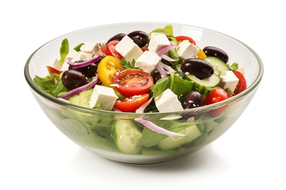 Fresh greek salad food bowl white background. AI generated Image by rawpixel.