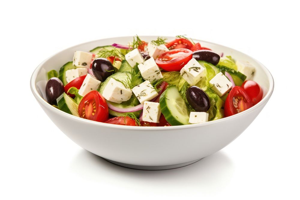 Fresh greek salad food bowl white background. AI generated Image by rawpixel.