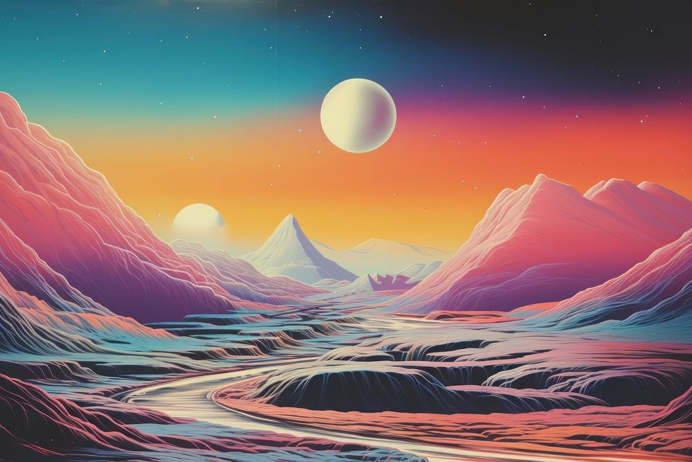 Moon surface landscape astronomy painting. 