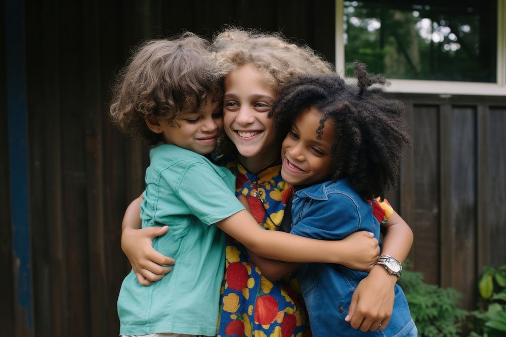 Children hugging each other portrait smiling photo. AI generated Image by rawpixel.
