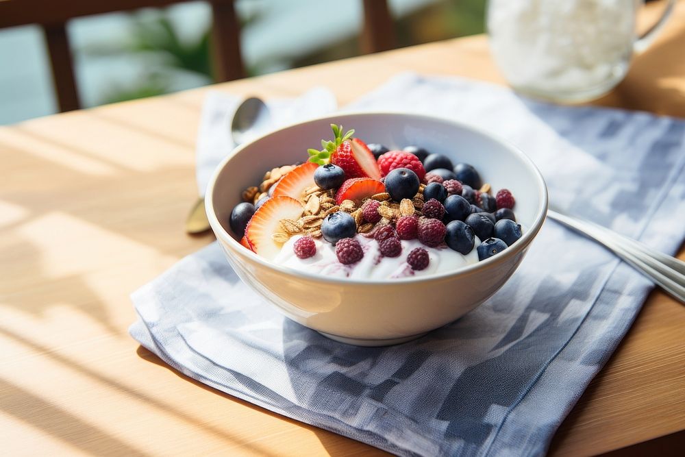 Acai bowl table food blackberry. AI generated Image by rawpixel.