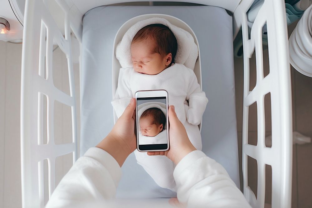 Photograph baby newborn phone. AI generated Image by rawpixel.
