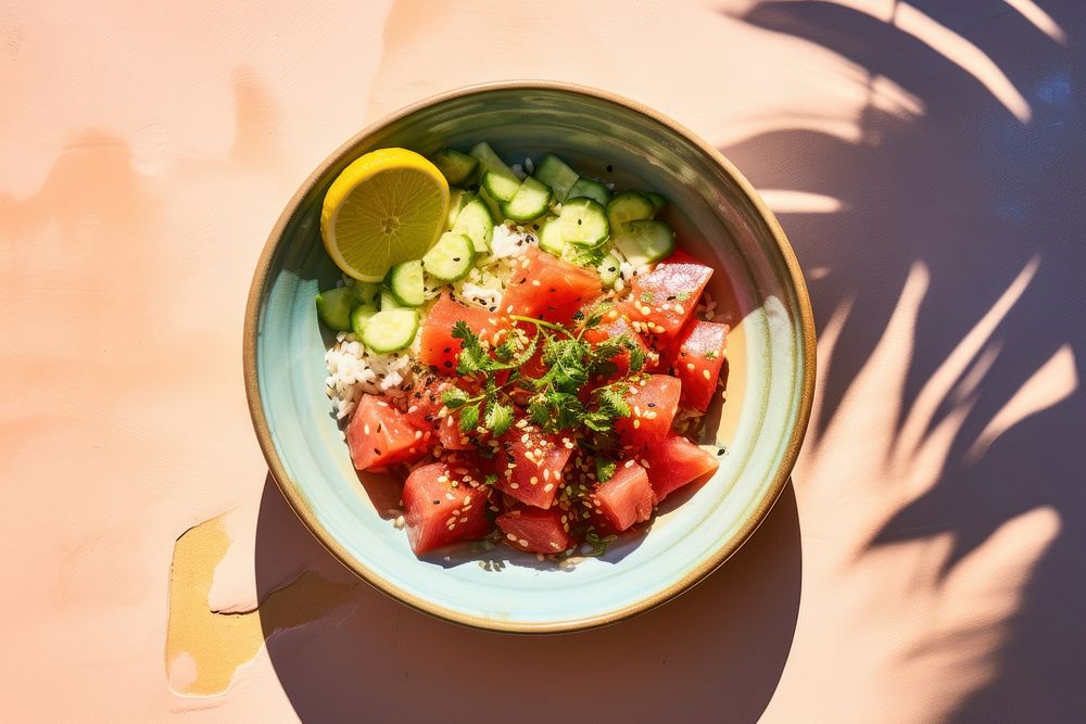 Tuna poke bowl plate table food. AI generated Image by rawpixel.