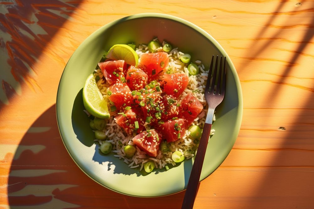 Tuna poke bowl plate fruit table. AI generated Image by rawpixel.