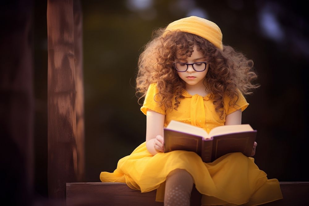 A child wear glasses reading book publication. AI generated Image by rawpixel.