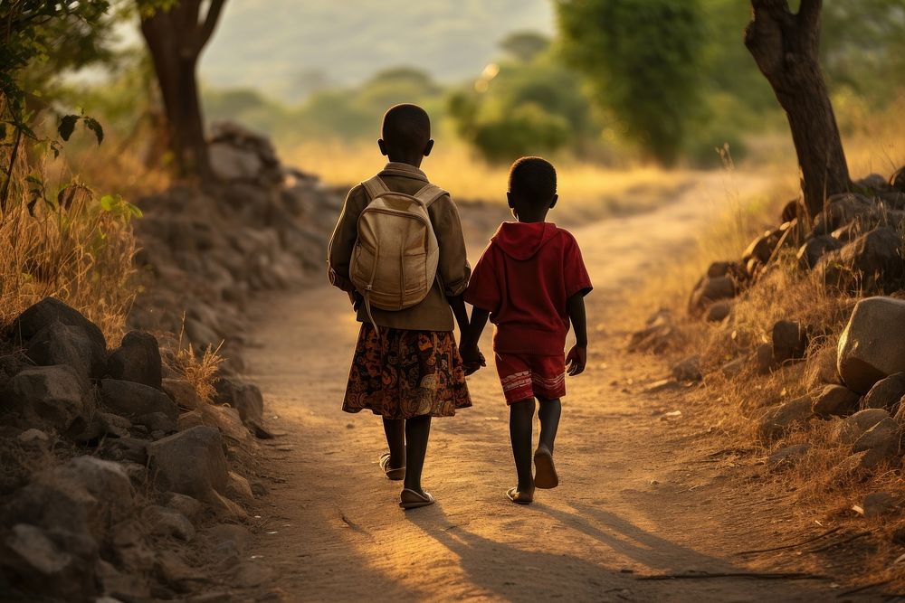 African children walking togetherness silhouette landscape. AI generated Image by rawpixel.