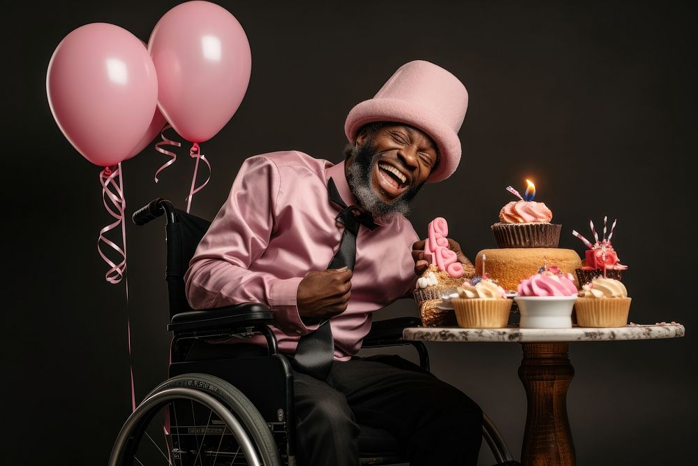 Black senior man on wheelchair balloon party birthday. AI generated Image by rawpixel.