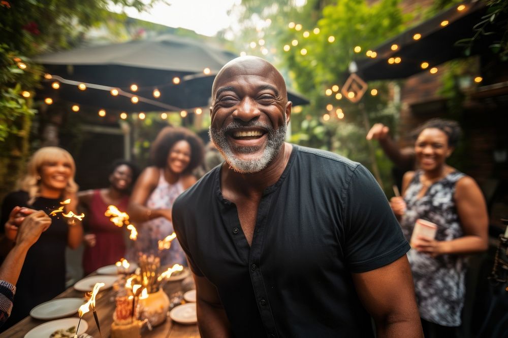 Black senior man party laughing smiling. AI generated Image by rawpixel.
