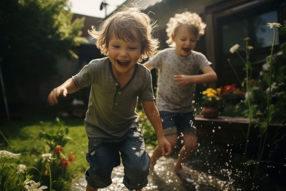 Children playing at backyard portrait outdoors smiling. AI generated Image by rawpixel.