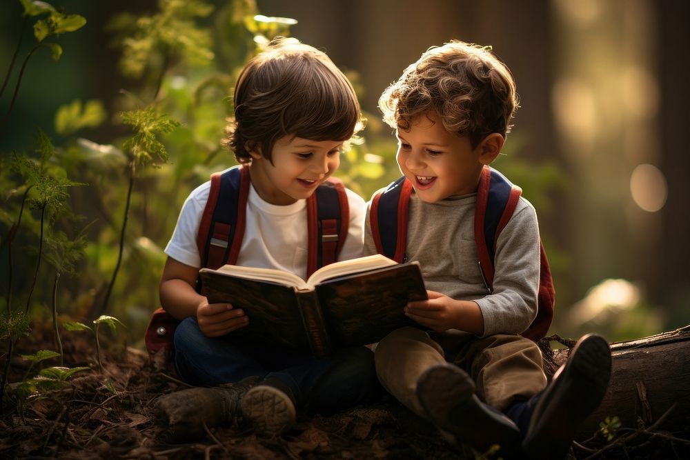 Children reading book publication outdoors smiling. AI generated Image by rawpixel.