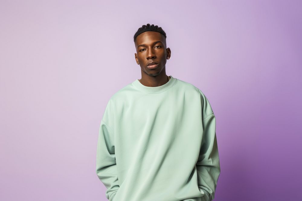 American African man torso wearing pastel green baggy sweatshirt sleeve purple adult. AI generated Image by rawpixel.