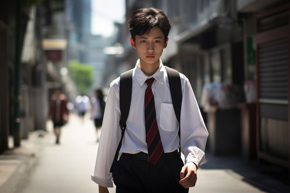 Chinese student wearing uniform walking street shirt. AI generated Image by rawpixel.