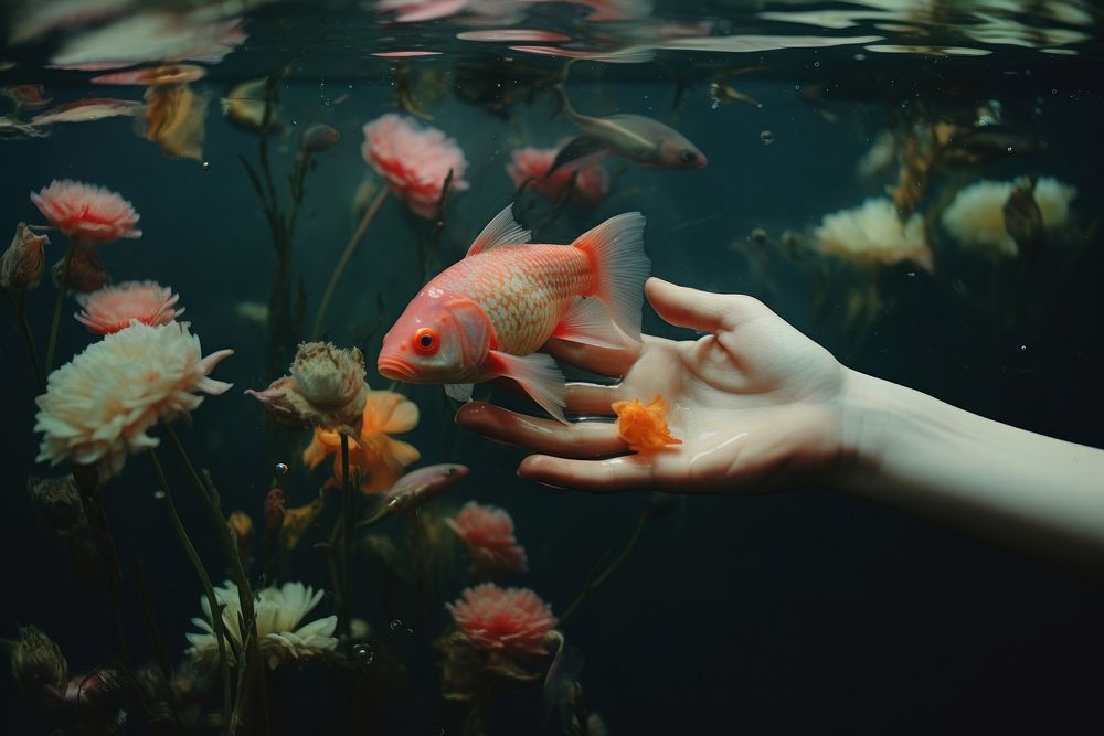 Hand holding fish underwater aquarium outdoors. AI generated Image by rawpixel.