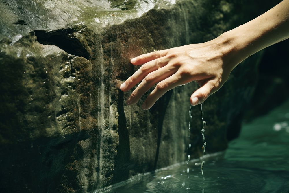Hand touching stone waterfall finger rock. AI generated Image by rawpixel.