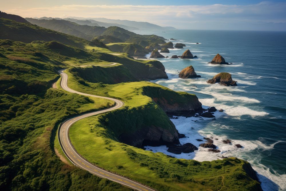 Majestic coastal road curves in idyllic Asturias landscape outdoors nature ocean. AI generated Image by rawpixel.