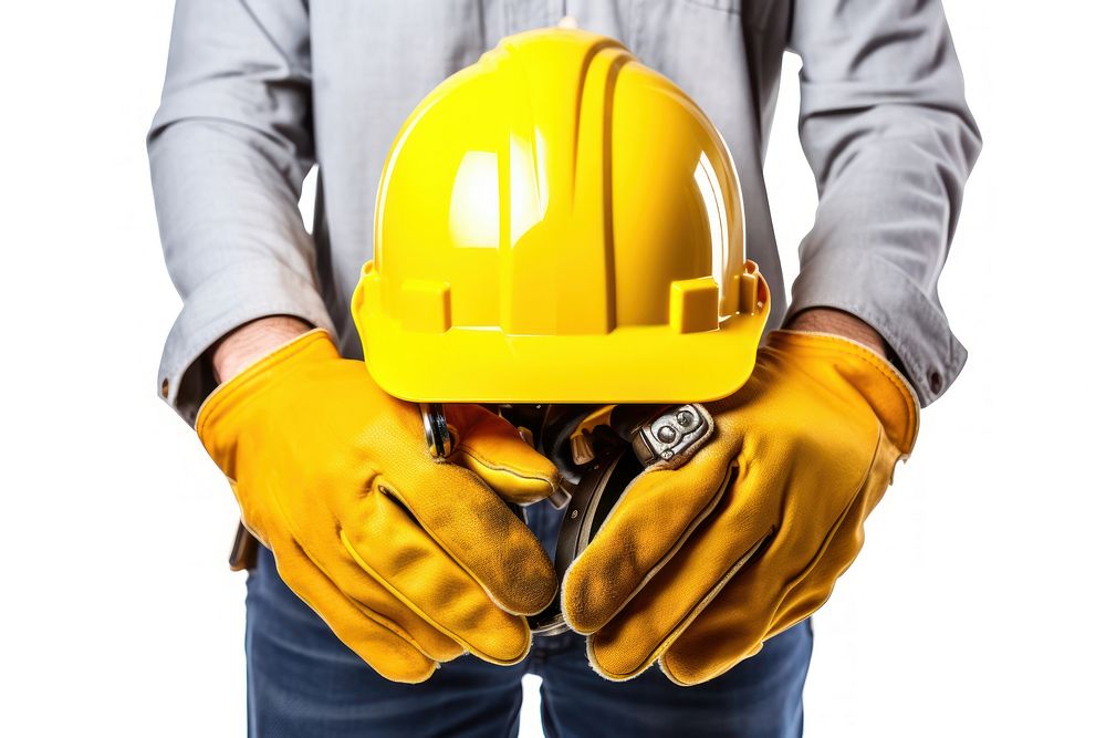 One hand holding yellow helmet and glove construction hardhat white background. AI generated Image by rawpixel.