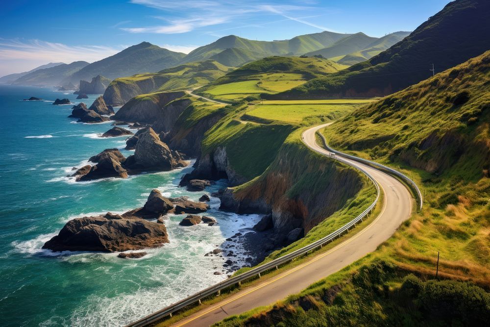 Majestic coastal road curves in idyllic Asturias landscape outdoors nature ocean. AI generated Image by rawpixel.