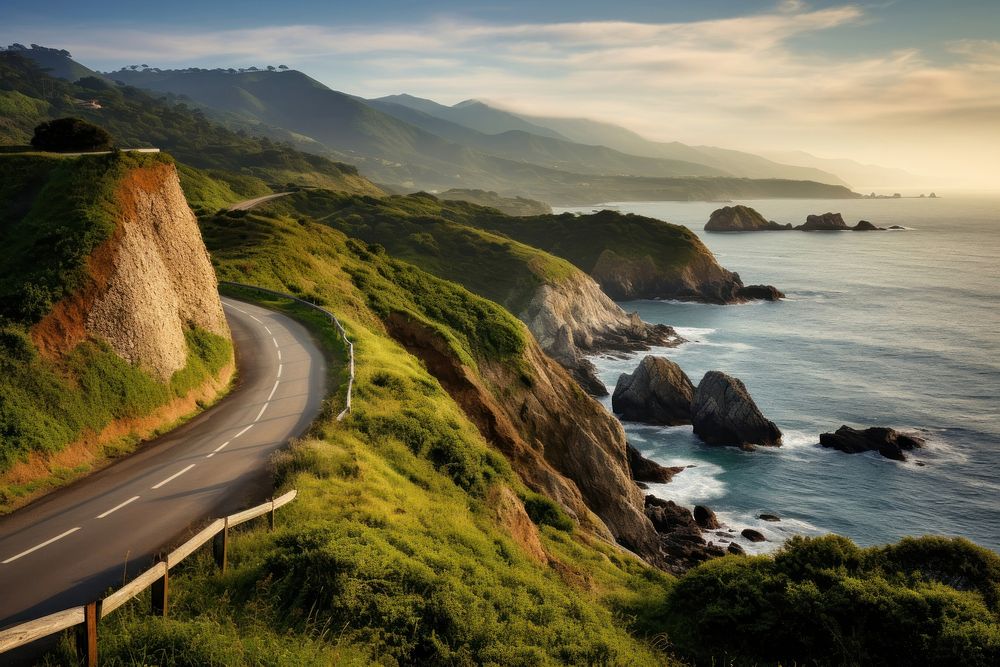 Majestic coastal road curves in idyllic Asturias landscape outdoors highway vehicle. AI generated Image by rawpixel.