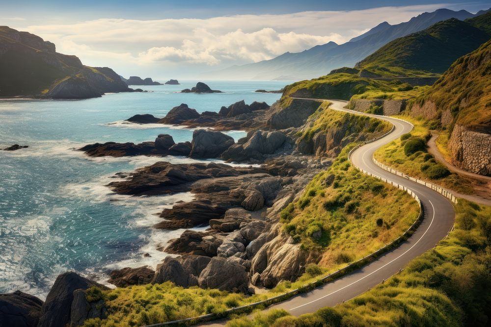 Majestic coastal road curves in idyllic Asturias landscape outdoors vehicle nature. AI generated Image by rawpixel.