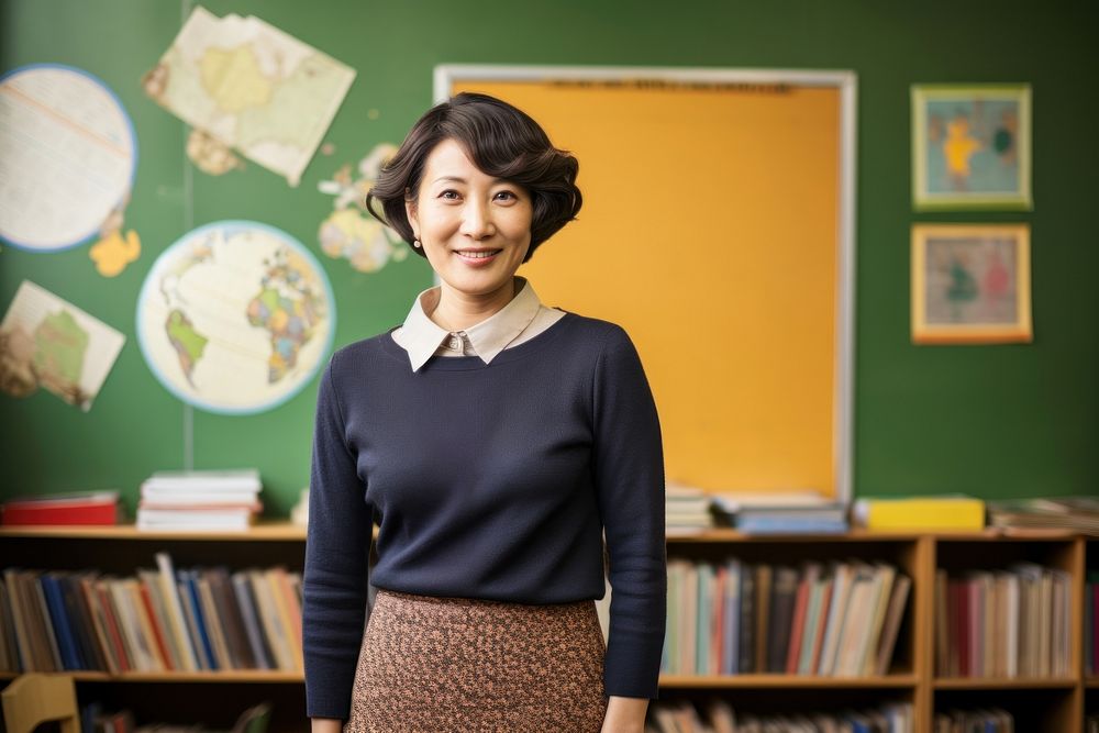 Middle age Korean teacher classroom standing adult. AI generated Image by rawpixel.