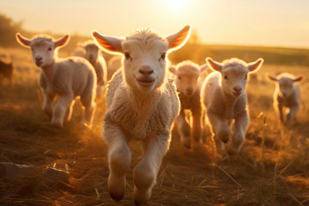 A herd of lambs running in a field livestock outdoors mammal. AI generated Image by rawpixel.